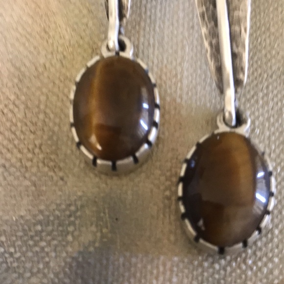 ON HOLD signed sterling and Tigereye MCM earrings, large Boho sleek mod - Picture 5 of 6